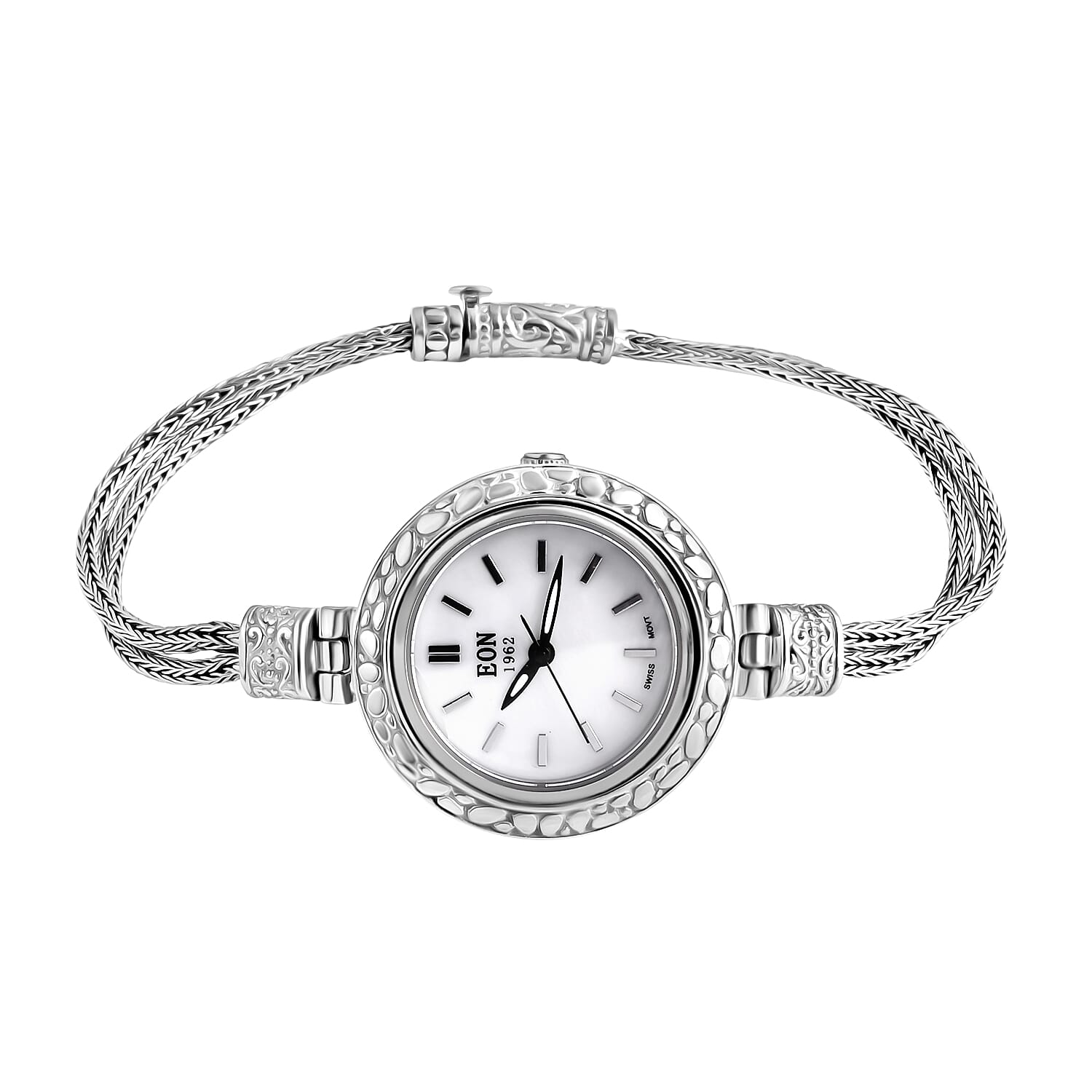D'Joy Sterling Silver Round Dial Watch Tulangnaga Chain Bracelet (Size 7.5)