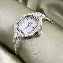 D'Joy Sterling Silver Octagonal Dial Watch Byzantine Chain Bracelet (Size 6.5)