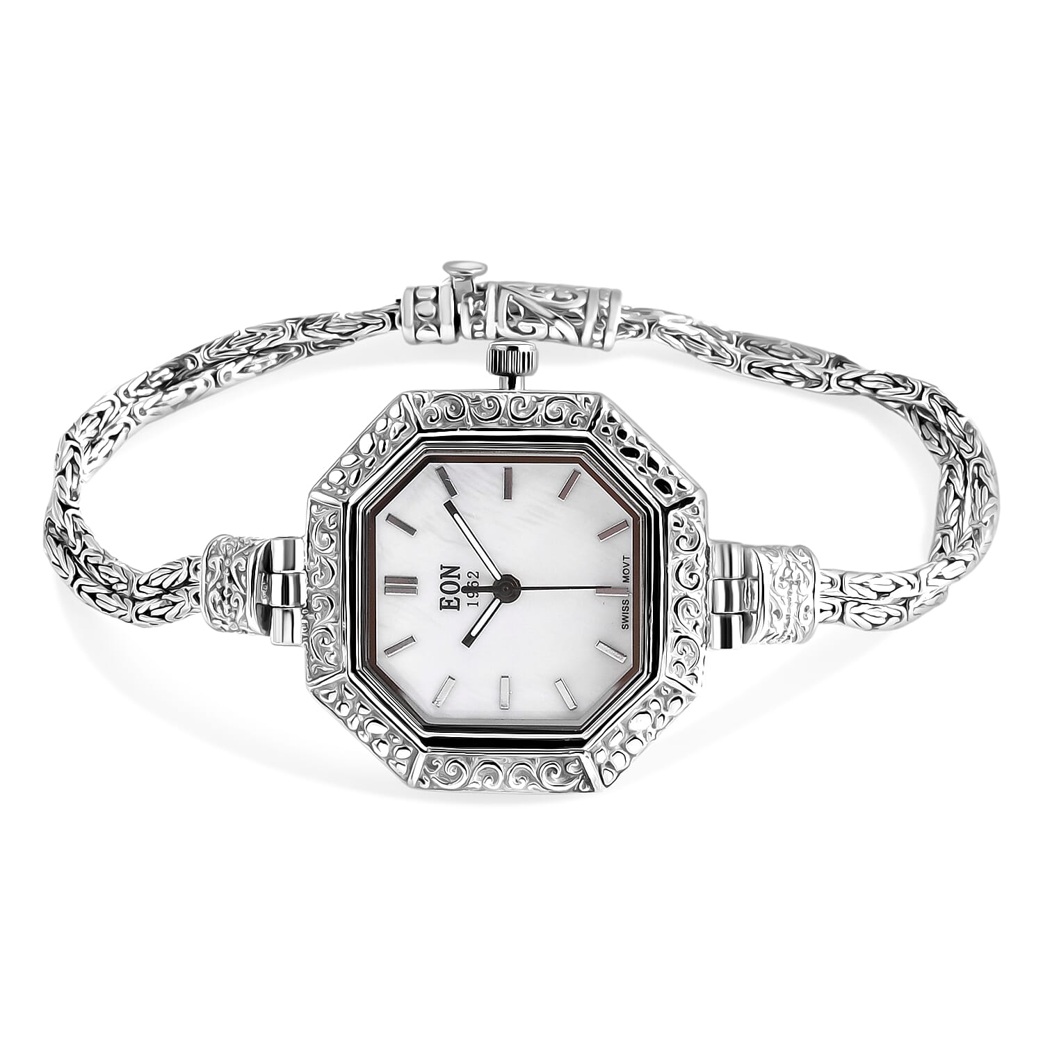 D'Joy Sterling Silver Octagonal Dial Watch Byzantine Chain Bracelet (Size 6.5)