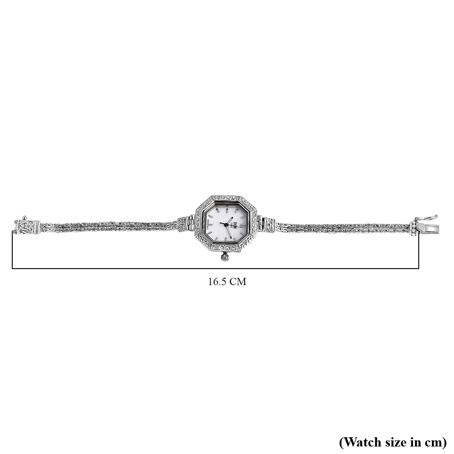 D'Joy Sterling Silver Octagonal Dial Watch Byzantine Chain Bracelet (Size 6.5)