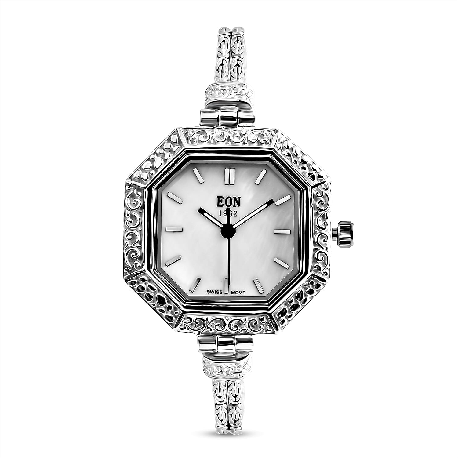 Royal Bali Collection - D'Joy Sterling Silver Octagonal Swiss Movement Dial Watch Borobudur Chain Bracelet (Size 8) Silver Wt. 17.5 Gms.