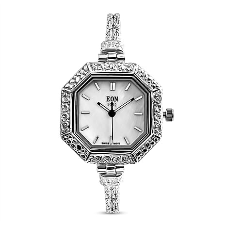 D'Joy Sterling Silver Octagonal Dial Watch Byzantine Chain Bracelet (Size 8), Silver Wt. 18.70 Gms.