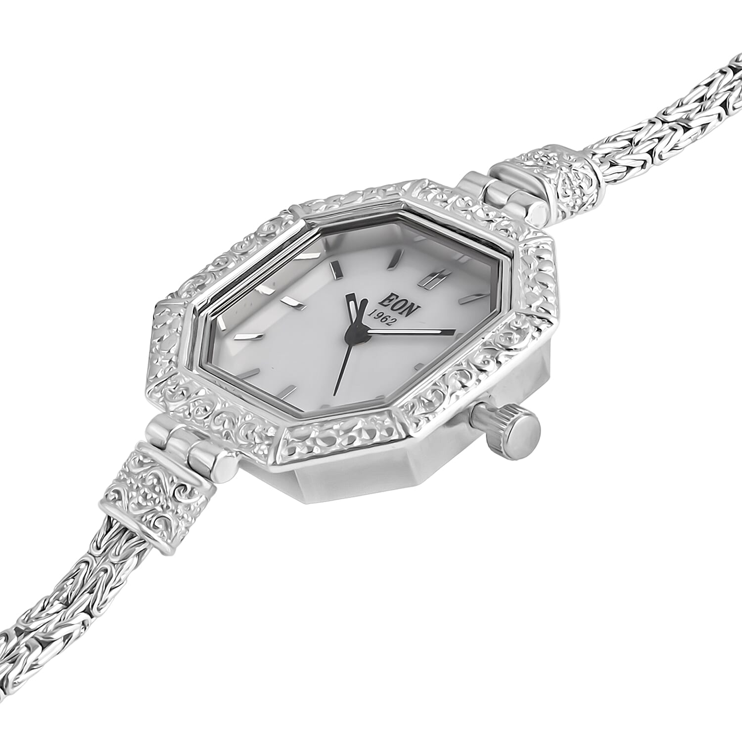 Royal Bali Collection - D'Joy Sterling Silver Octagonal Swiss Movement Dial Watch Borobudur Chain Bracelet (Size 8) Silver Wt. 17.5 Gms.