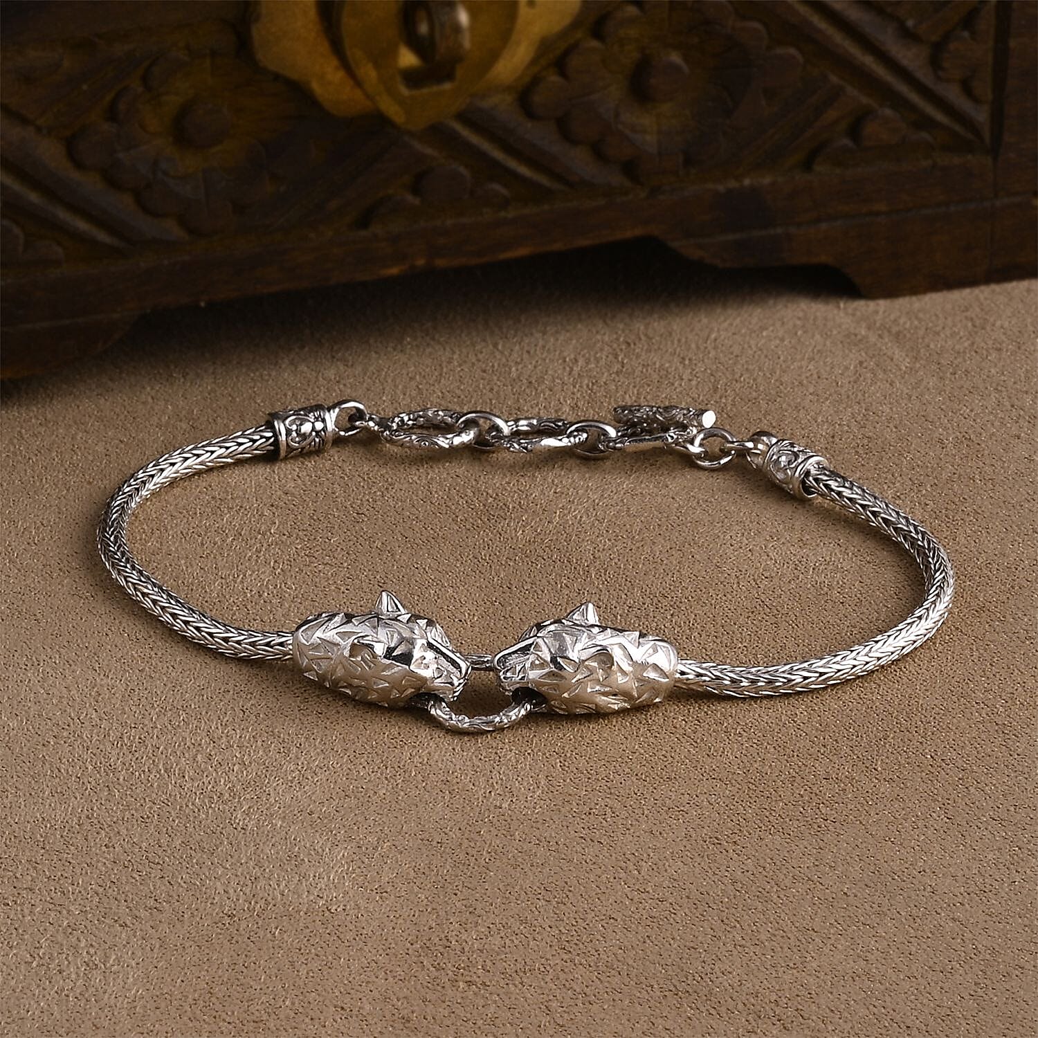 Royal Bali Collection Sterling Silver Panther Bracelet (Size 7 - 1 Ext) with T-Bar Clasp, Silver Wt. 11.63 Gms.