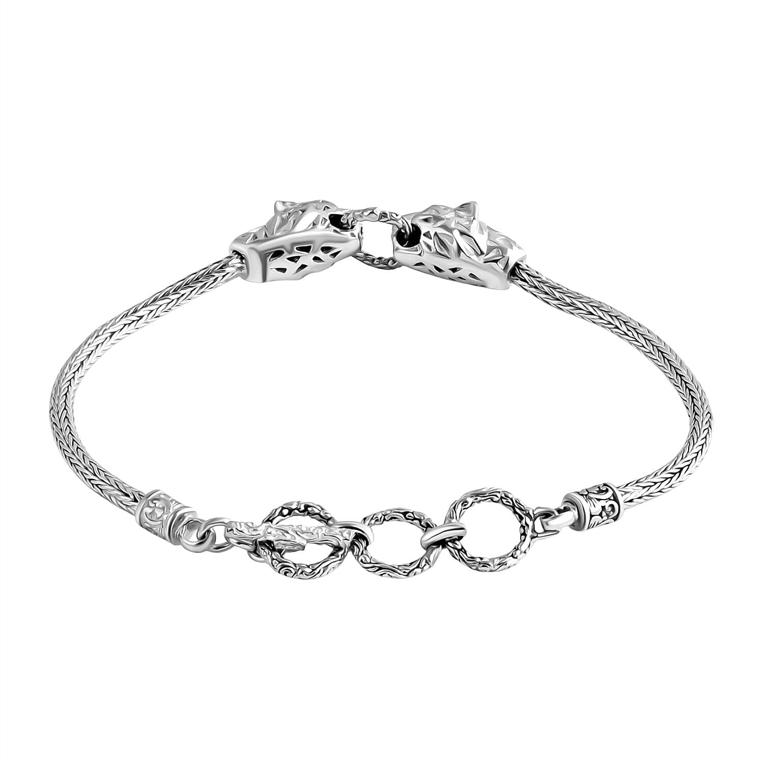 Royal Bali Collection Sterling Silver Panther Bracelet (Size 7 - 1 Ext) with T-Bar Clasp, Silver Wt. 11.63 Gms.