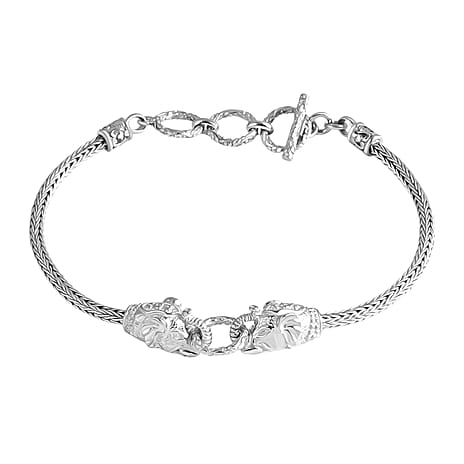 Royal Bali Collection Sterling Silver Elephant Bracelet (Size 7 - 1 Ext) with T-Bar Clasp, Silver Wt. 11.59 Gms.