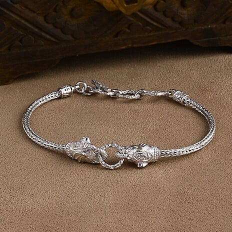 Royal Bali Collection Sterling Silver Elephant Bracelet (Size 7 - 1 Ext) with T-Bar Clasp, Silver Wt. 11.59 Gms.