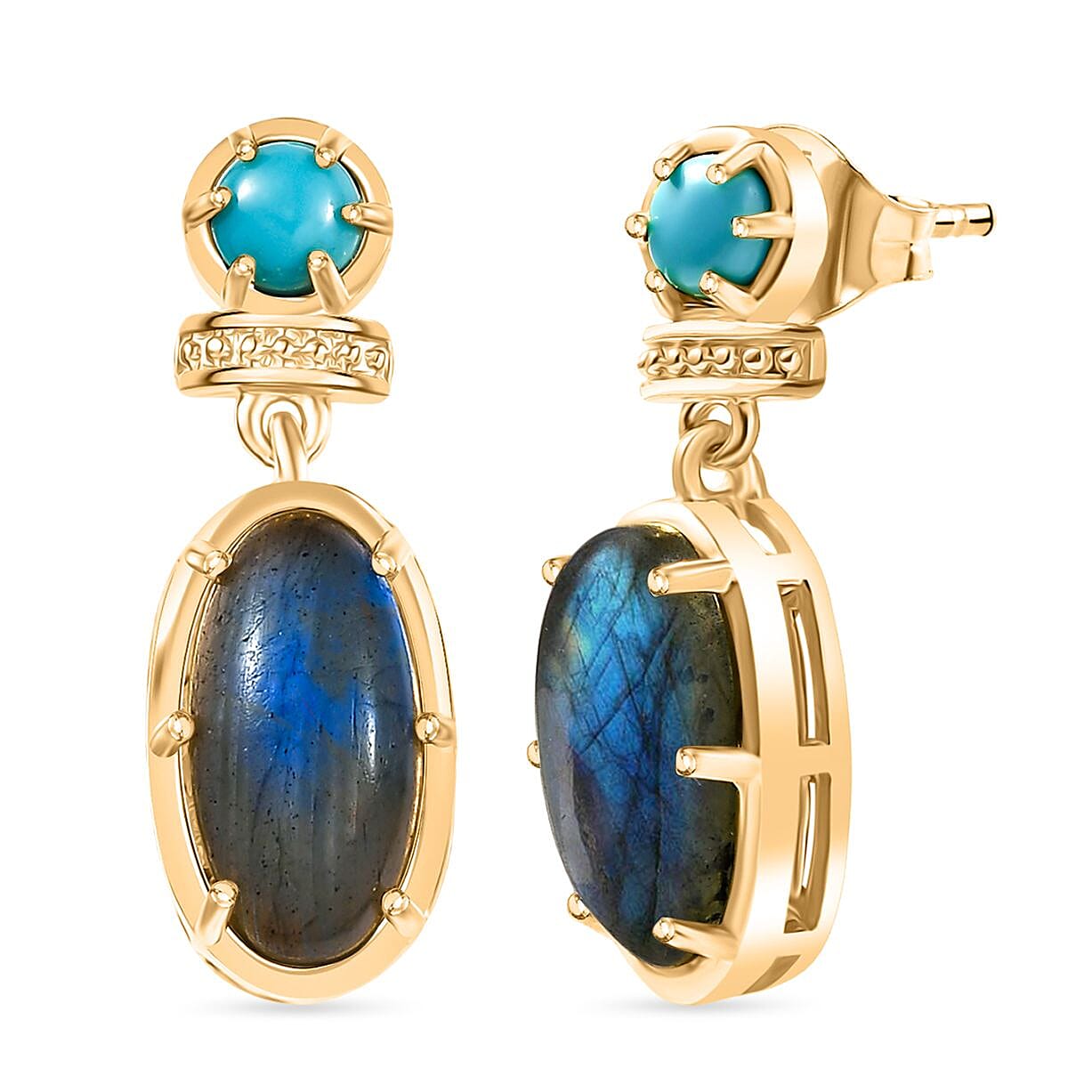 EverTrue Labradorite & Lagoon Turquoise Stud Push Post Earring in Yellow Gold Plated 5.12 Ct.