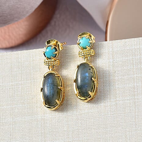 EverTrue Labradorite & Lagoon Turquoise Stud Push Post Earring in Yellow Gold Plated 5.12 Ct.