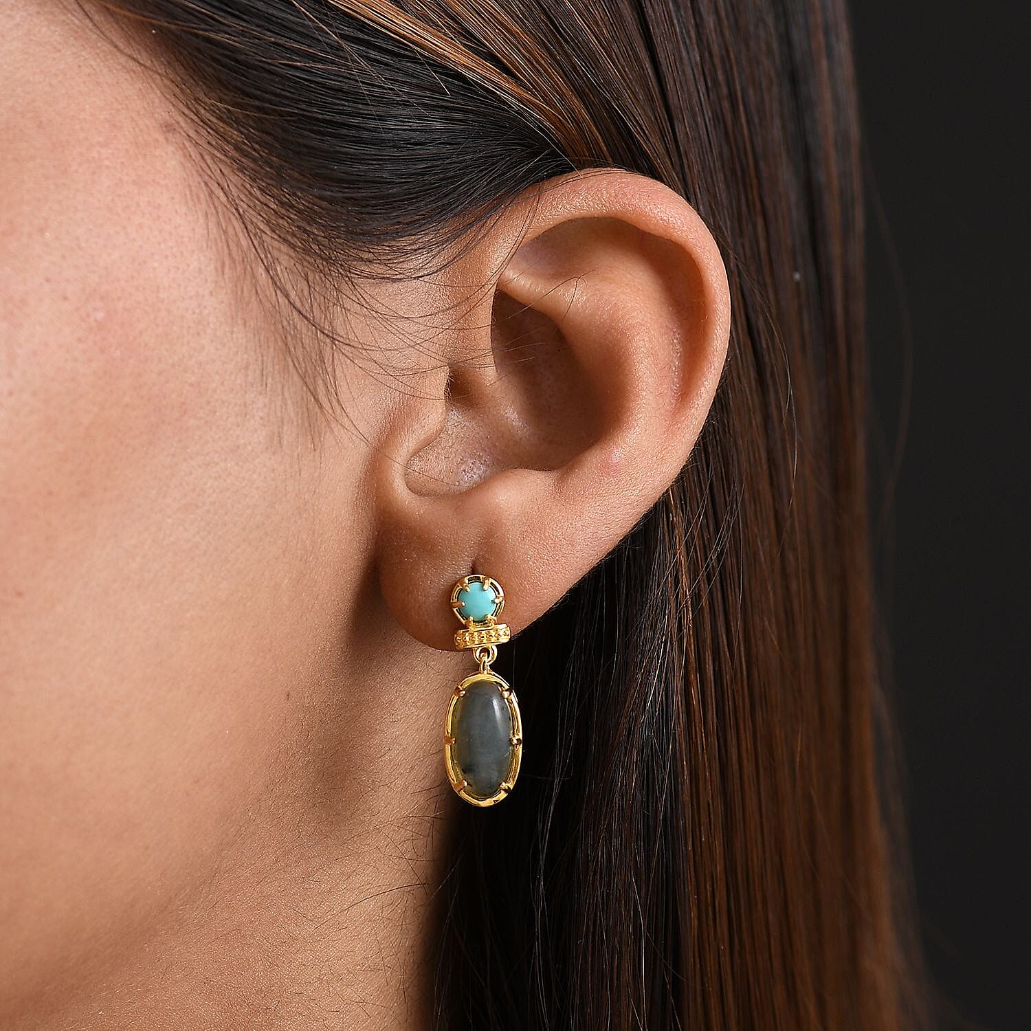 EverTrue Labradorite & Lagoon Turquoise Stud Push Post Earring in Yellow Gold Plated 5.12 Ct.