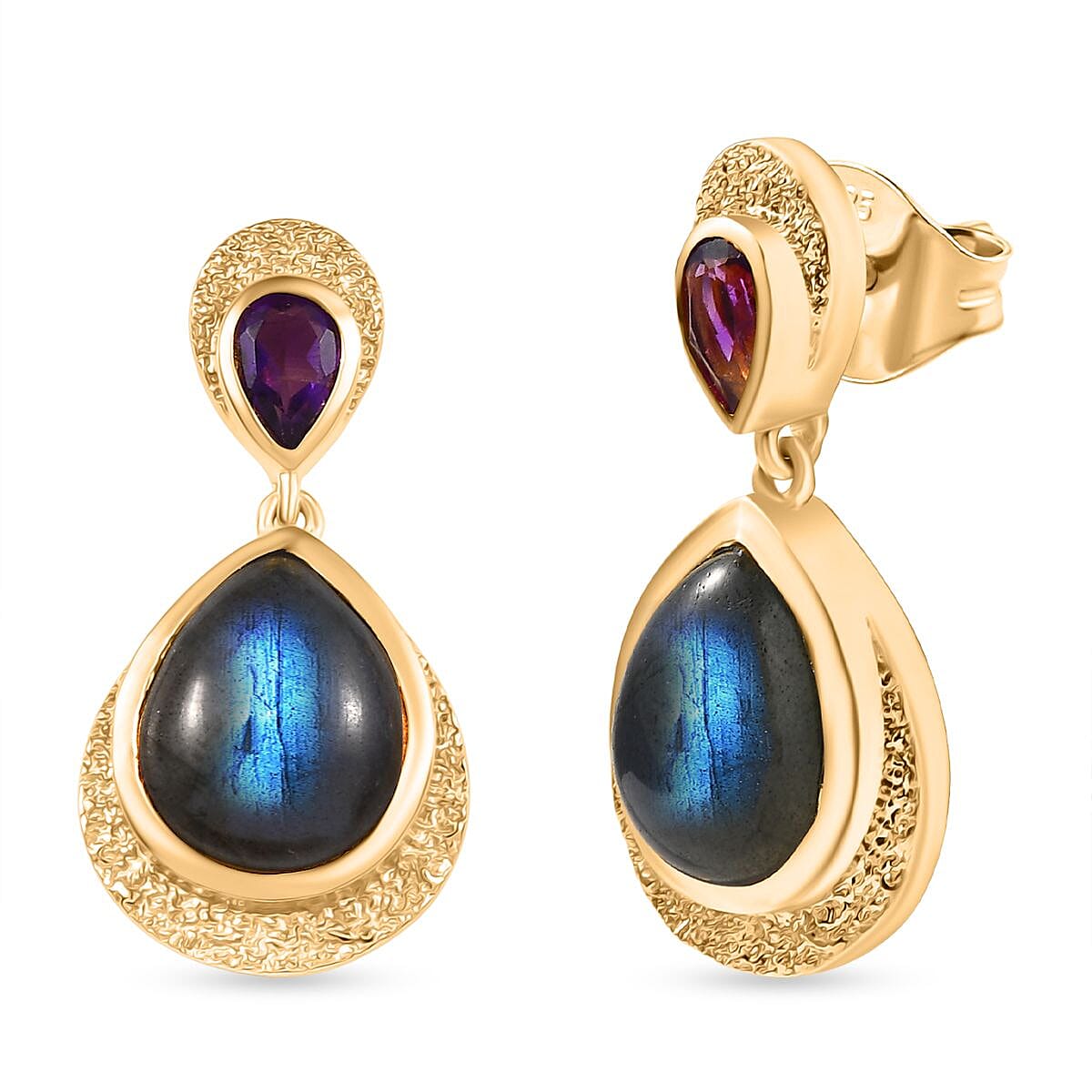 EverTrue Labradorite & African Amethyst Dangling Earring in Yellow Gold Plated 10.04 Ct.