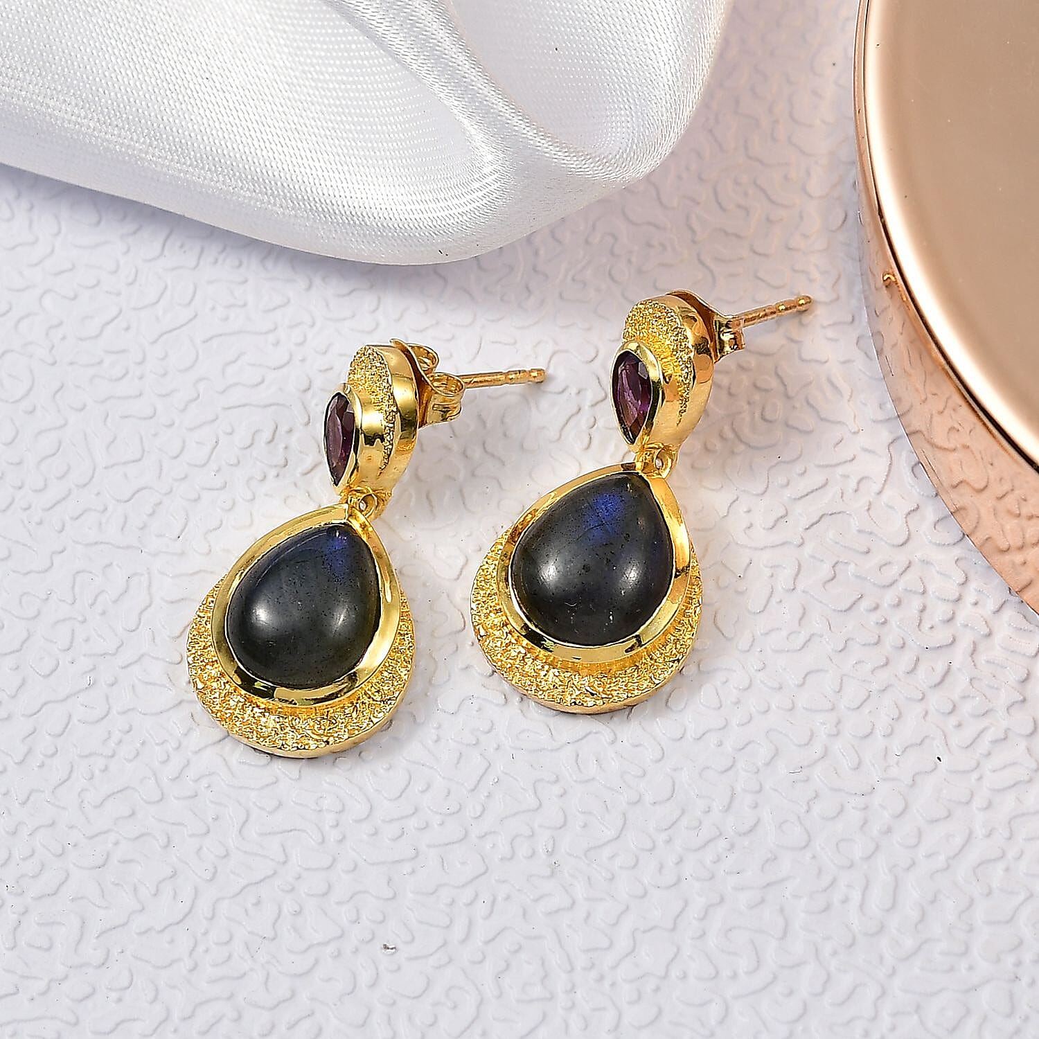 EverTrue Labradorite & African Amethyst Dangling Earring in Yellow Gold Plated 10.04 Ct.