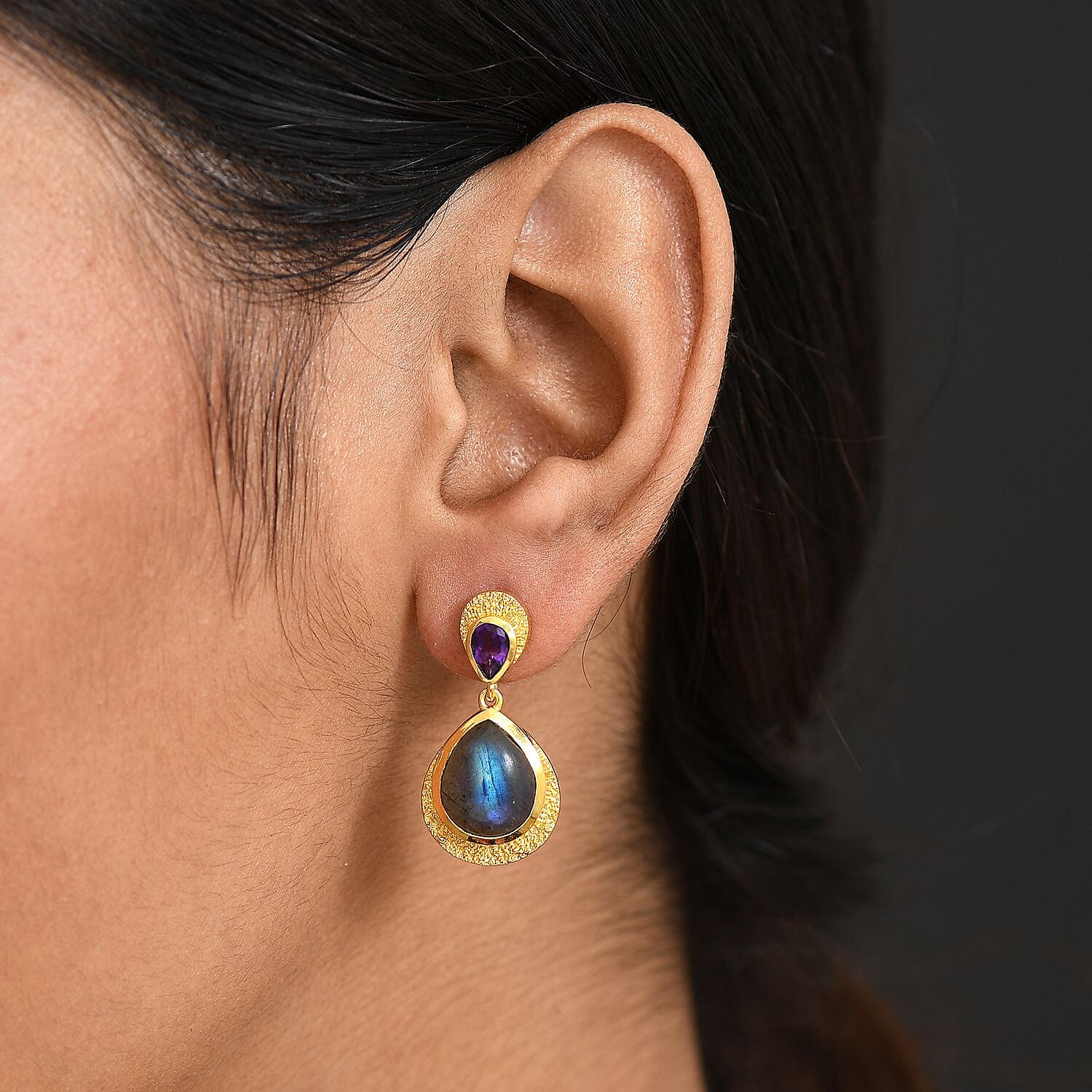 EverTrue Labradorite & African Amethyst Dangling Earring in Yellow Gold Plated 10.04 Ct.