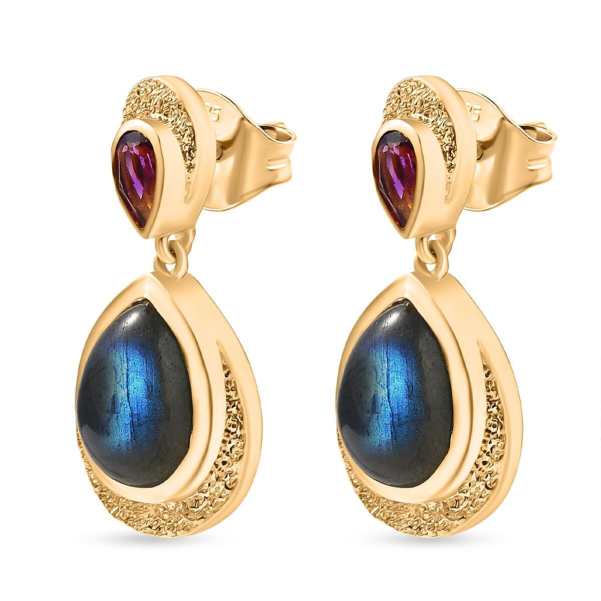 EverTrue Labradorite & African Amethyst Dangling Earring in Yellow Gold Plated 10.04 Ct.