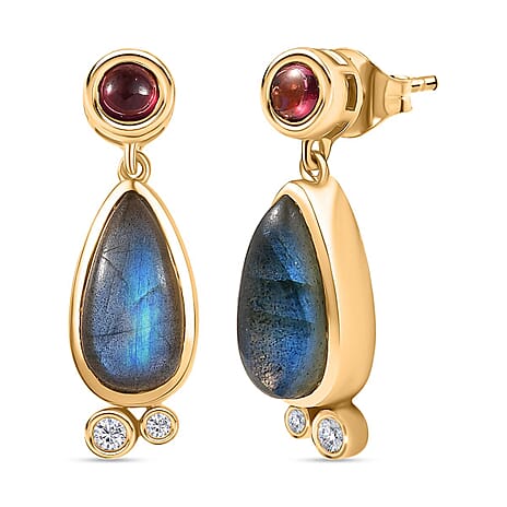 EverTrue Labradorite, Rhodolite Garnet & White Zircon Dangling Earring in Yellow Gold Plated 4.91 Ct.