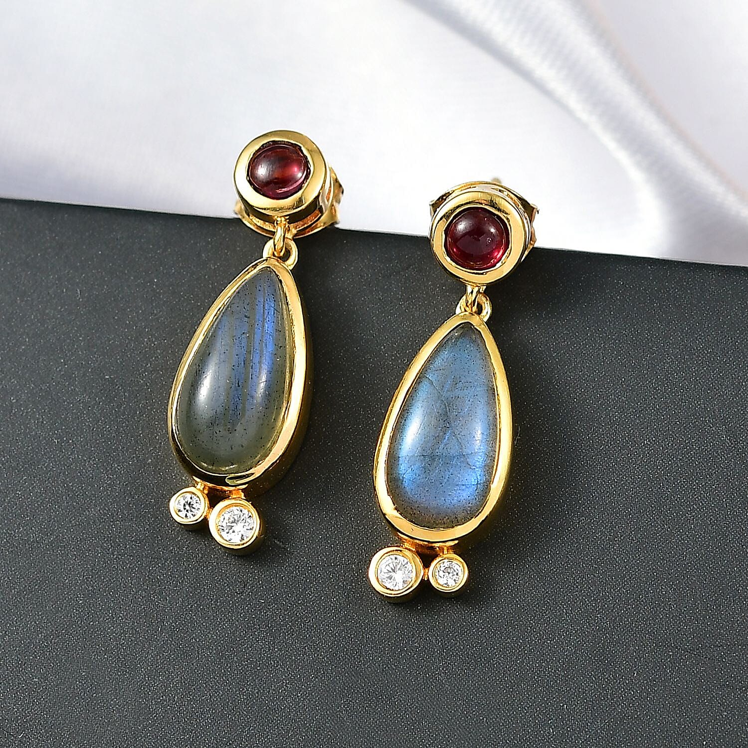 EverTrue Labradorite, Rhodolite Garnet & White Zircon Dangling Earring in Yellow Gold Plated 4.91 Ct.