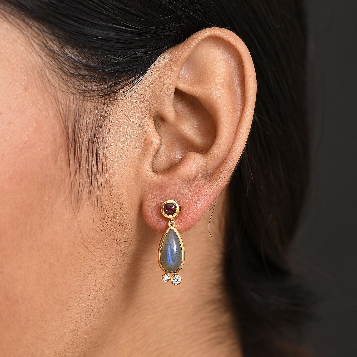 EverTrue Labradorite, Rhodolite Garnet & White Zircon Dangling Earring in Yellow Gold Plated 4.91 Ct.