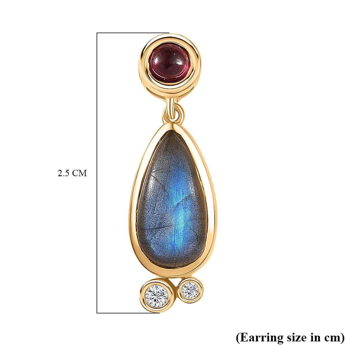 EverTrue Labradorite, Rhodolite Garnet & White Zircon Dangling Earring in Yellow Gold Plated 4.91 Ct.