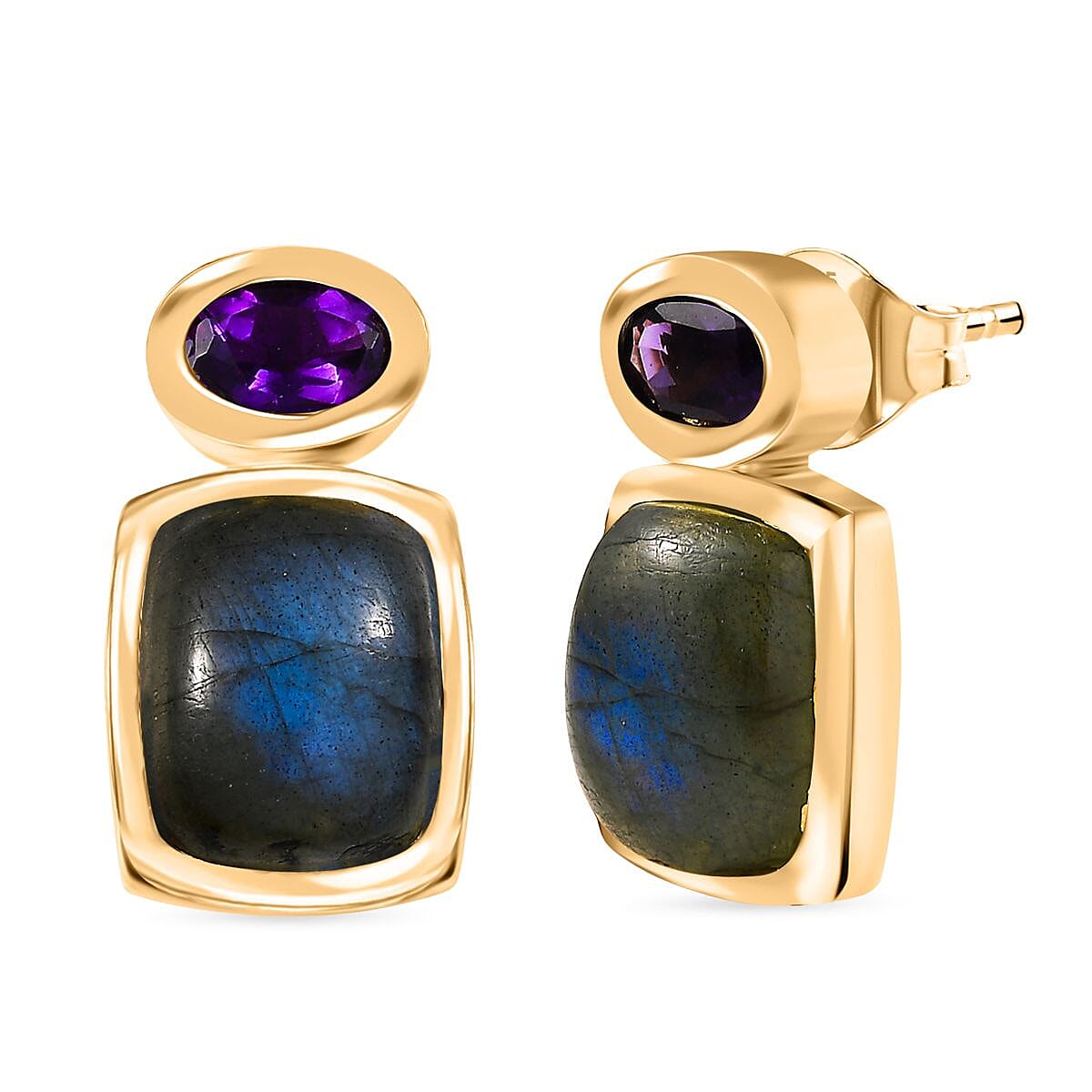 EverTrue Labradorite & African Amethyst Stud Push Post Earring in Yellow Gold Plated 7.44 Ct.