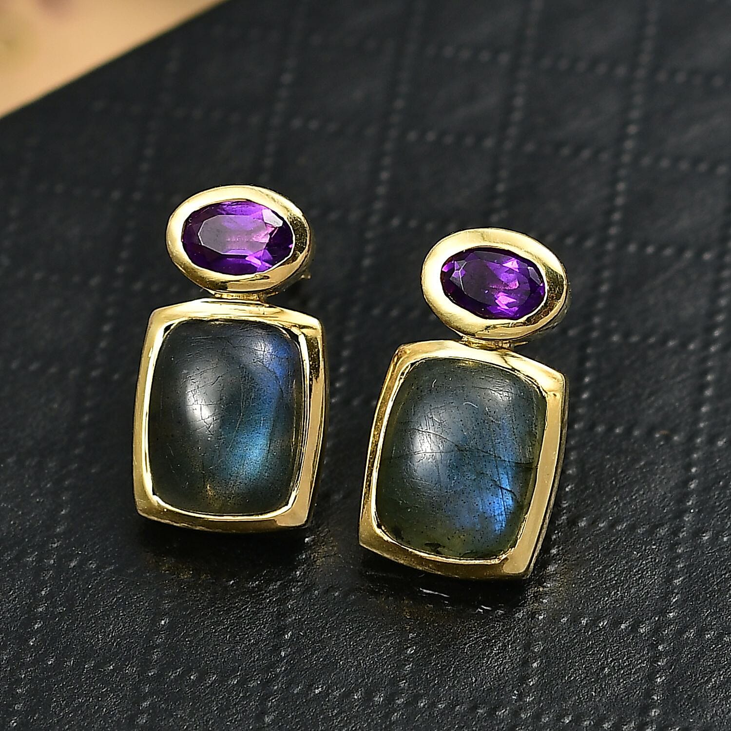 EverTrue Labradorite & African Amethyst Stud Push Post Earring in Yellow Gold Plated 7.44 Ct.