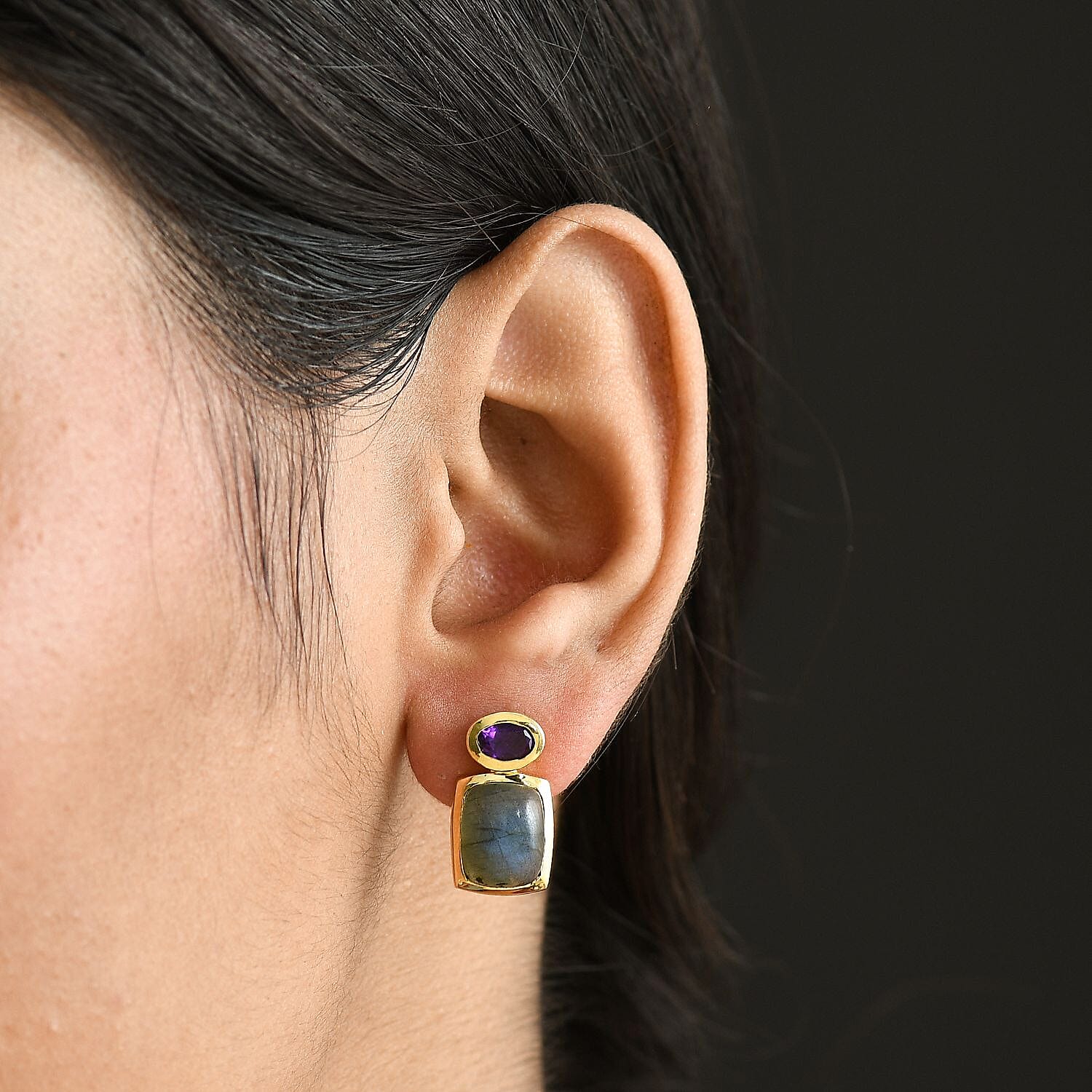 EverTrue Labradorite & African Amethyst Stud Push Post Earring in Yellow Gold Plated 7.44 Ct.
