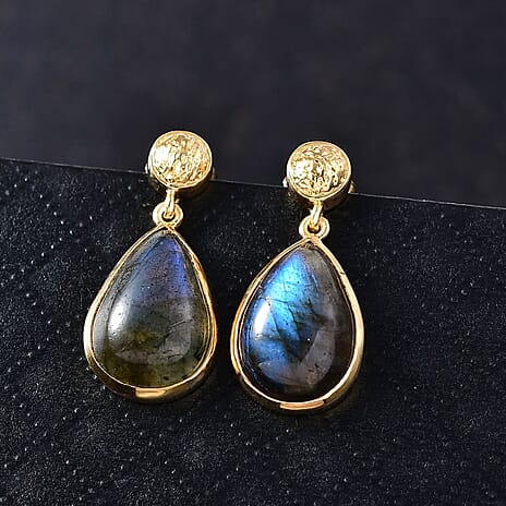 EverTrue Labradorite Solitaire Stud Push Post Earring in Yellow Gold Plated 10.52 Ct.