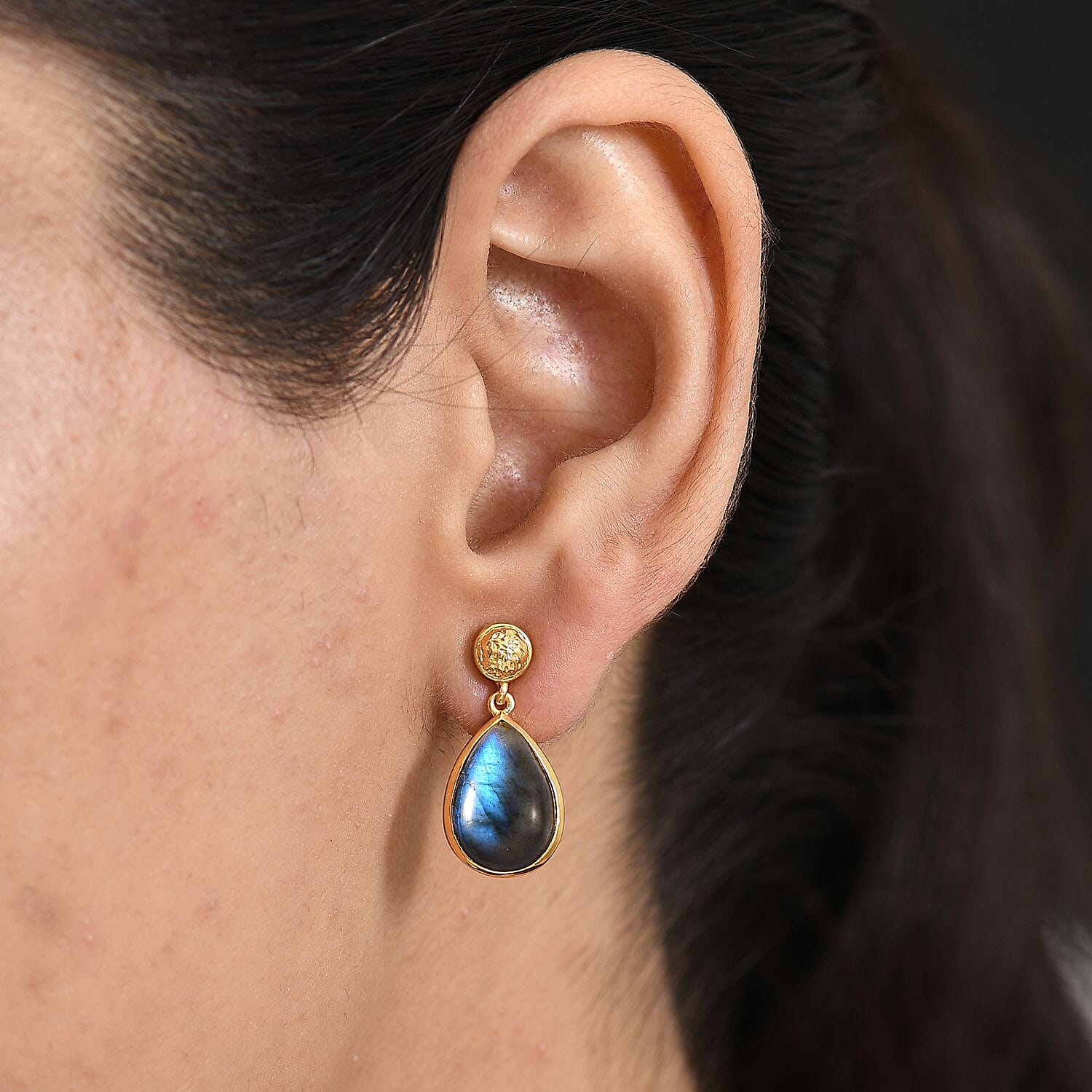 EverTrue Labradorite Solitaire Stud Push Post Earring in Yellow Gold Plated 10.52 Ct.