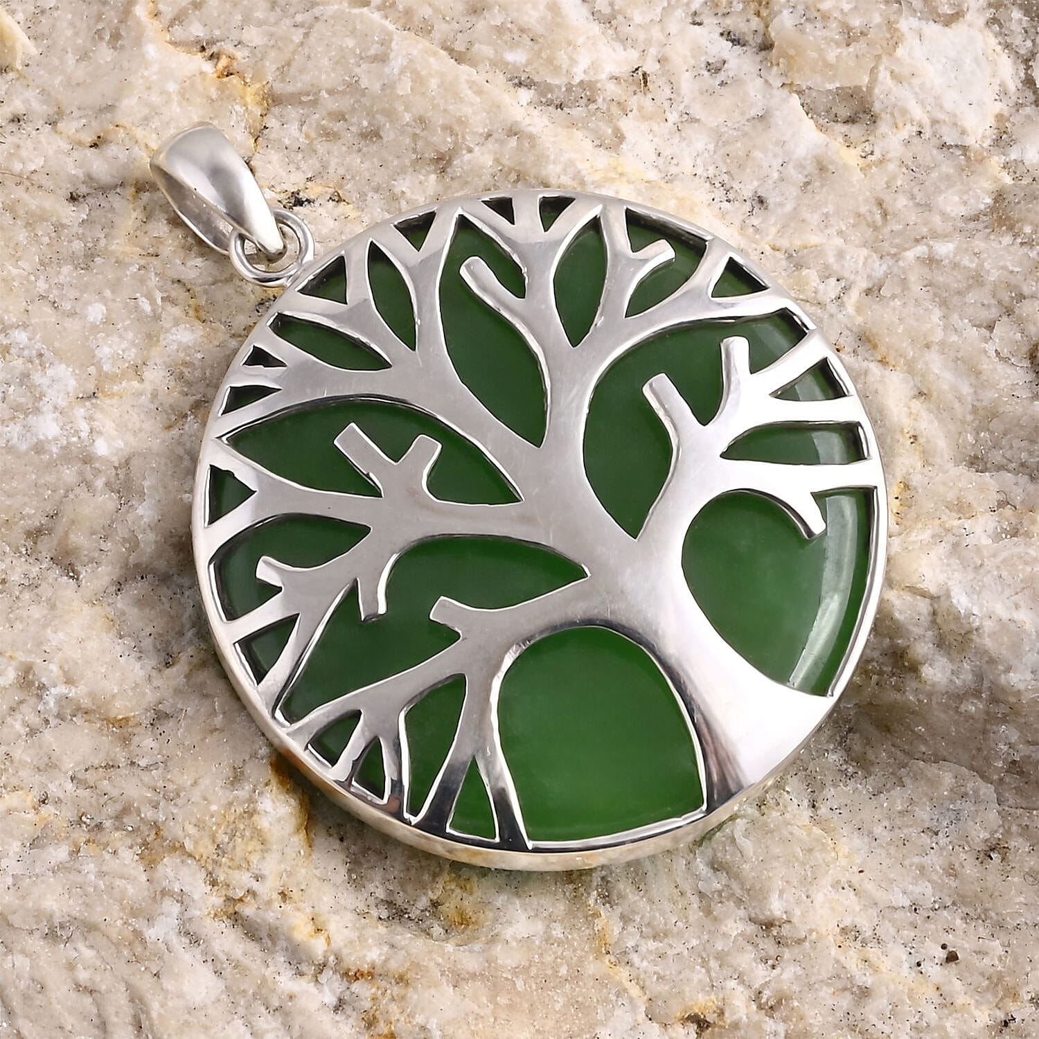 Bali Legacy Green Jade Tree Of Life Pendant Sterling Silver 39.14 Ct, Silver Wt. 4.67 Gms.