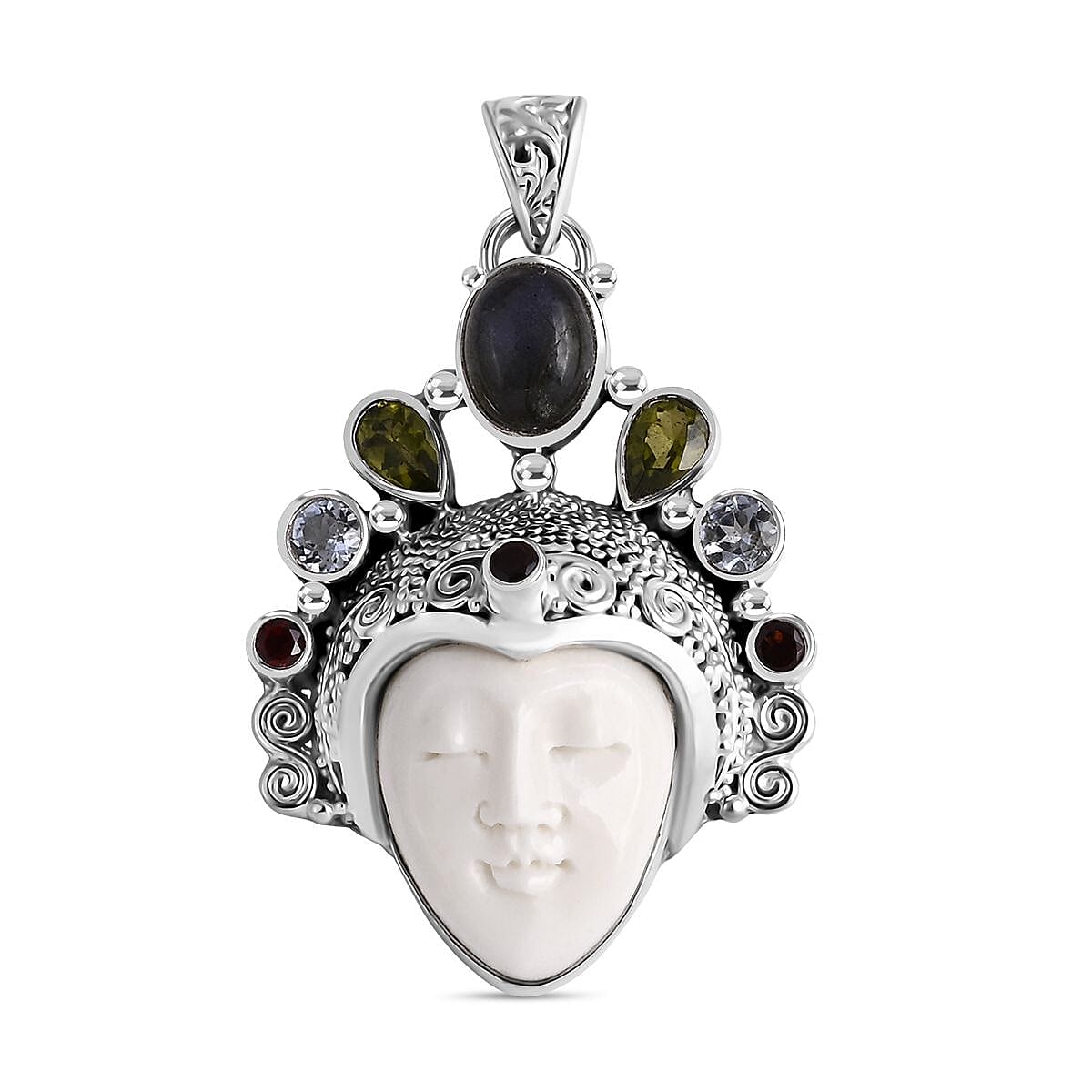 Bali Legacy - Ox Bone & Multi Gemstones Pendant Sterling Silver 12.44 Ct, Silver Wt. 13.36 Gms.