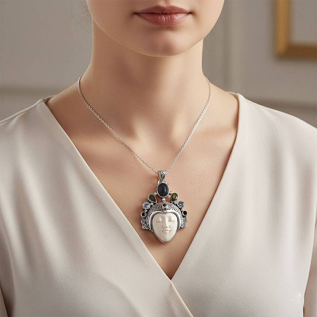 Bali Legacy - Ox Bone & Multi Gemstones Pendant Sterling Silver 12.44 Ct, Silver Wt. 13.36 Gms.