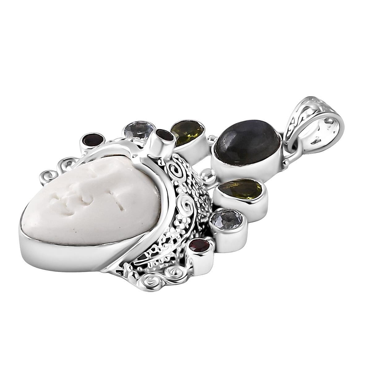 Bali Legacy - Ox Bone & Multi Gemstones Pendant Sterling Silver 12.44 Ct, Silver Wt. 13.36 Gms.