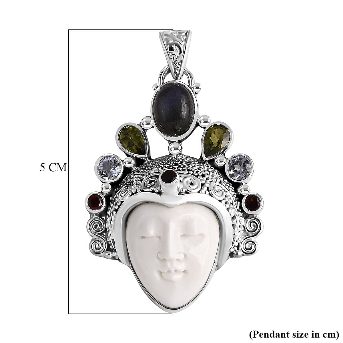 Bali Legacy - Ox Bone & Multi Gemstones Pendant Sterling Silver 12.44 Ct, Silver Wt. 13.36 Gms.