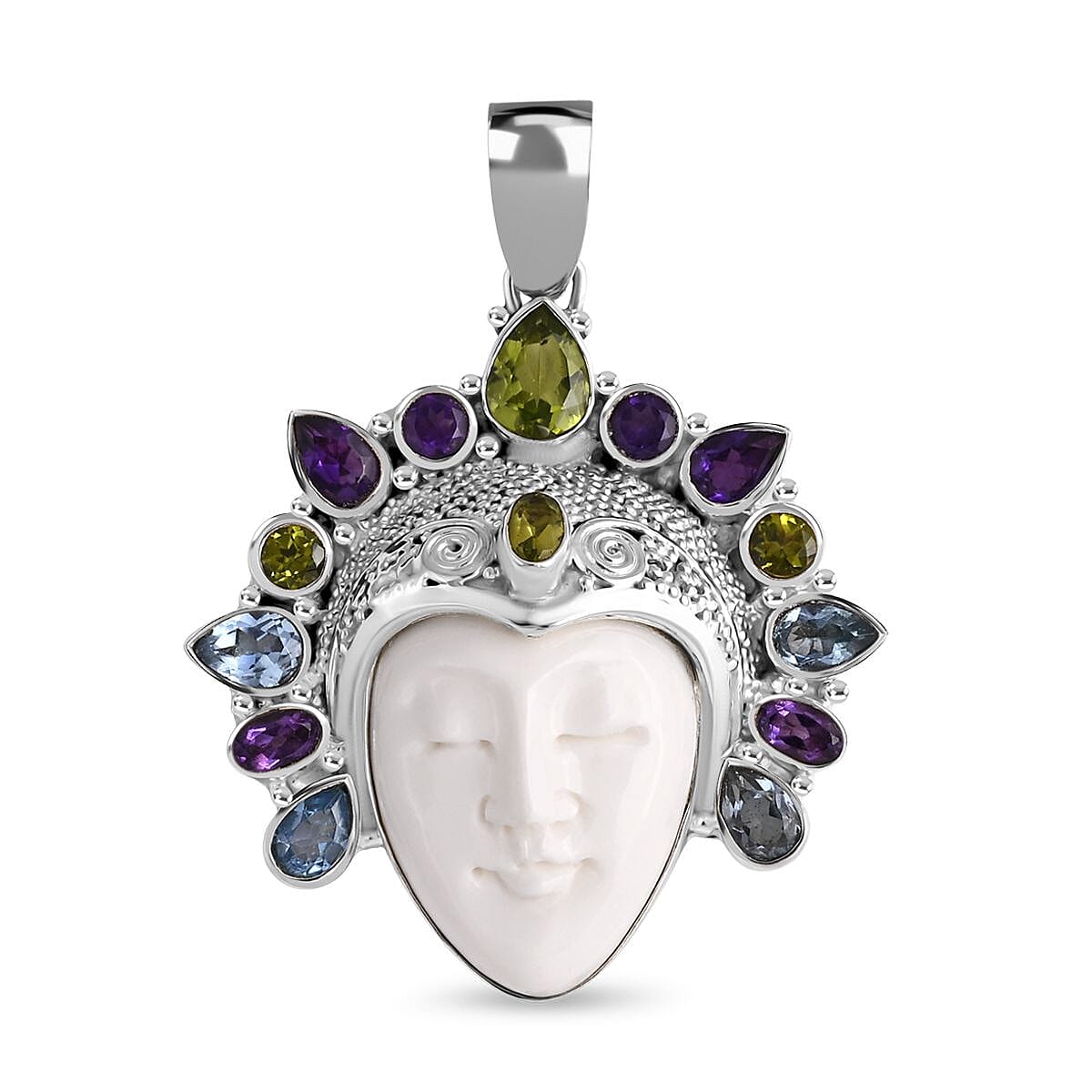Bali Legacy - Ox Bone, Peridot, Swiss Blue Topaz & African Amethyst Pendant Sterling Silver 20.62 Ct, Silver Wt. 16.98 Gms.