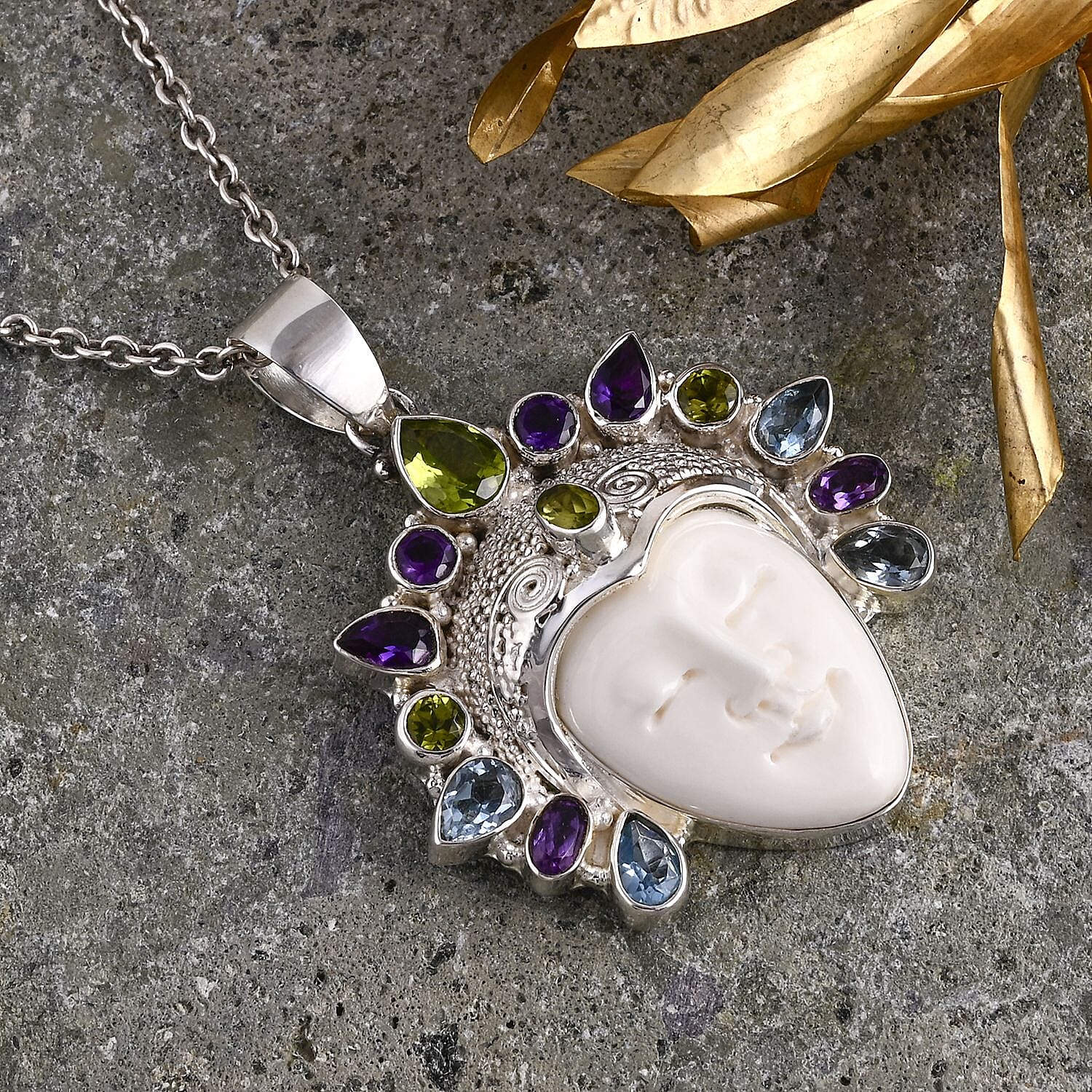 Bali Legacy - Ox Bone, Peridot, Swiss Blue Topaz & African Amethyst Pendant Sterling Silver 20.62 Ct, Silver Wt. 16.98 Gms.