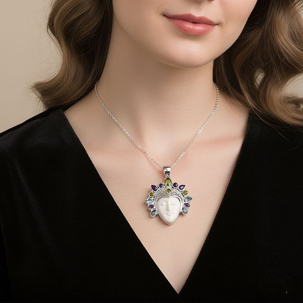 Bali Legacy - Ox Bone, Peridot, Swiss Blue Topaz & African Amethyst Pendant Sterling Silver 20.62 Ct, Silver Wt. 16.98 Gms.