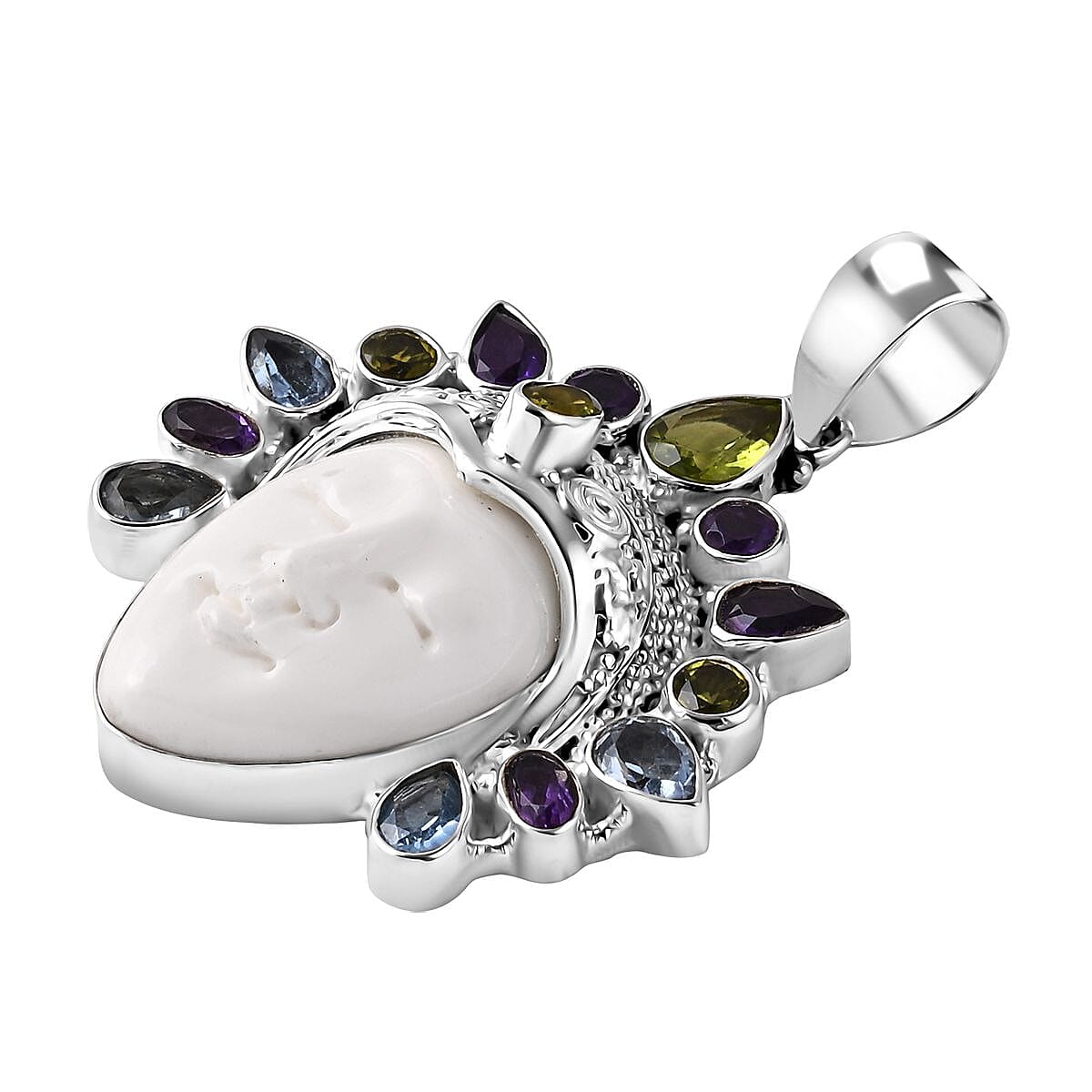 Bali Legacy - Ox Bone, Peridot, Swiss Blue Topaz & African Amethyst Pendant Sterling Silver 20.62 Ct, Silver Wt. 16.98 Gms.