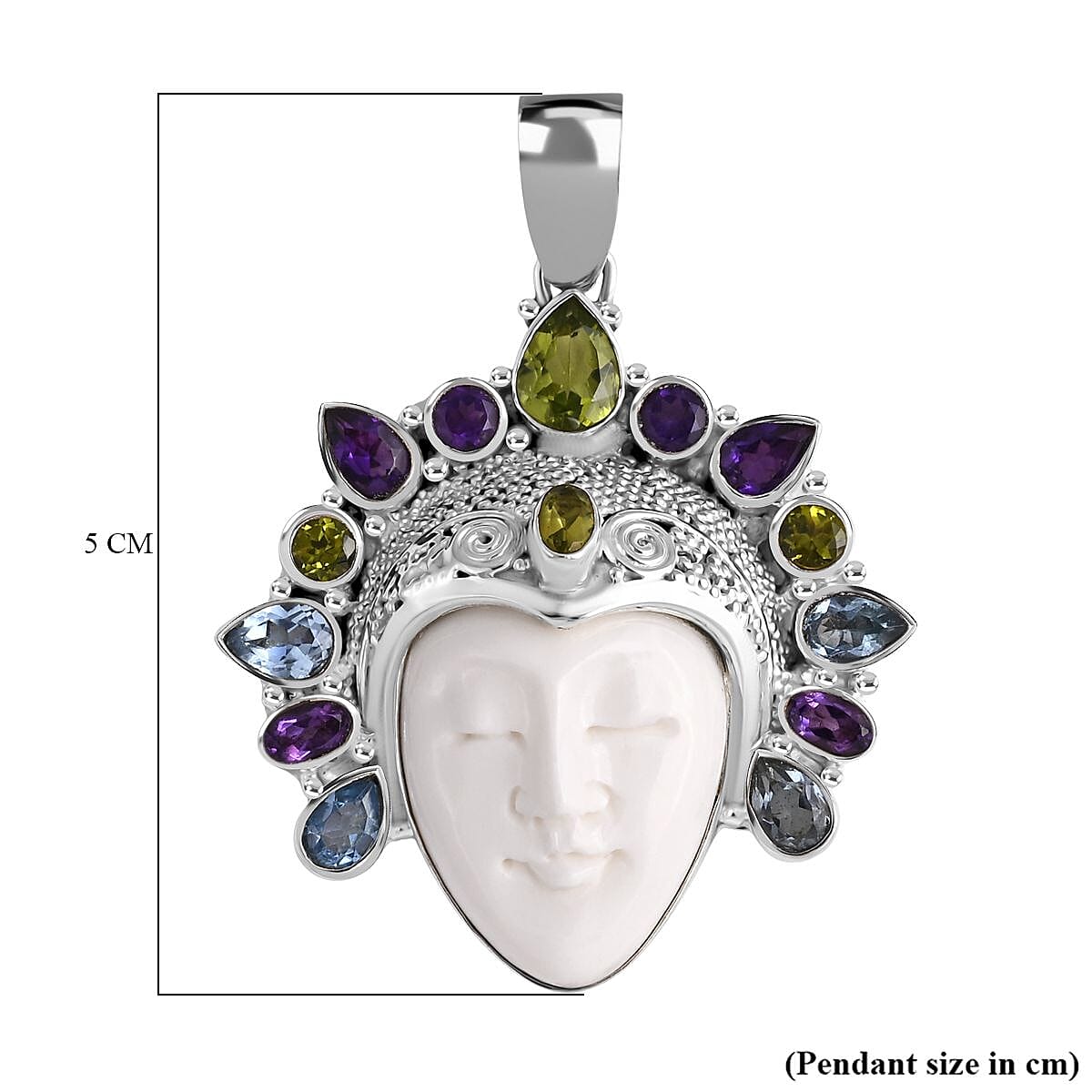 Bali Legacy - Ox Bone, Peridot, Swiss Blue Topaz & African Amethyst Pendant Sterling Silver 20.62 Ct, Silver Wt. 16.98 Gms.
