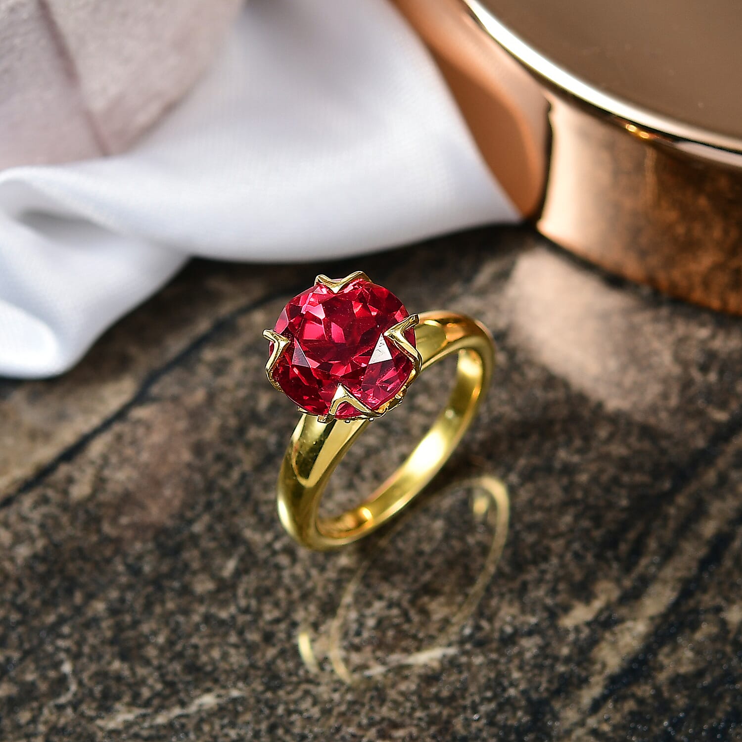 D'Joy Lab Grown Padparadscha Sapphire & White Zircon Ring in 18K Yellow Gold Plated Sterling Silver 5.45 Ct.