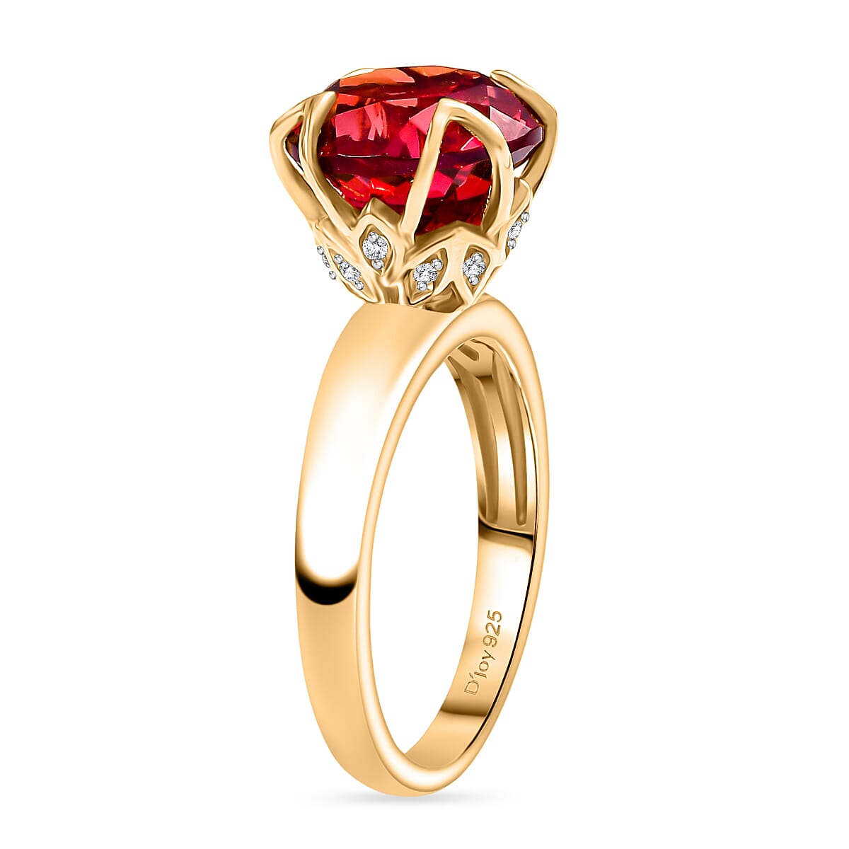 D'Joy Lab Grown Padparadscha Sapphire & White Zircon Ring in 18K Yellow Gold Plated Sterling Silver 5.45 Ct.