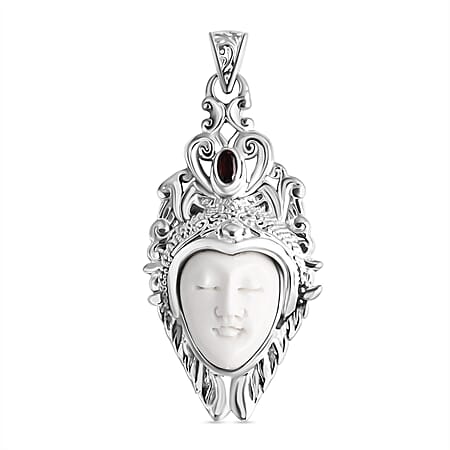 Royal Princess Bali Collection - Ox Bone & Red Garnet Pendant in Sterling Silver 6.18 Ct, Silver Wt. 11.31 Gms