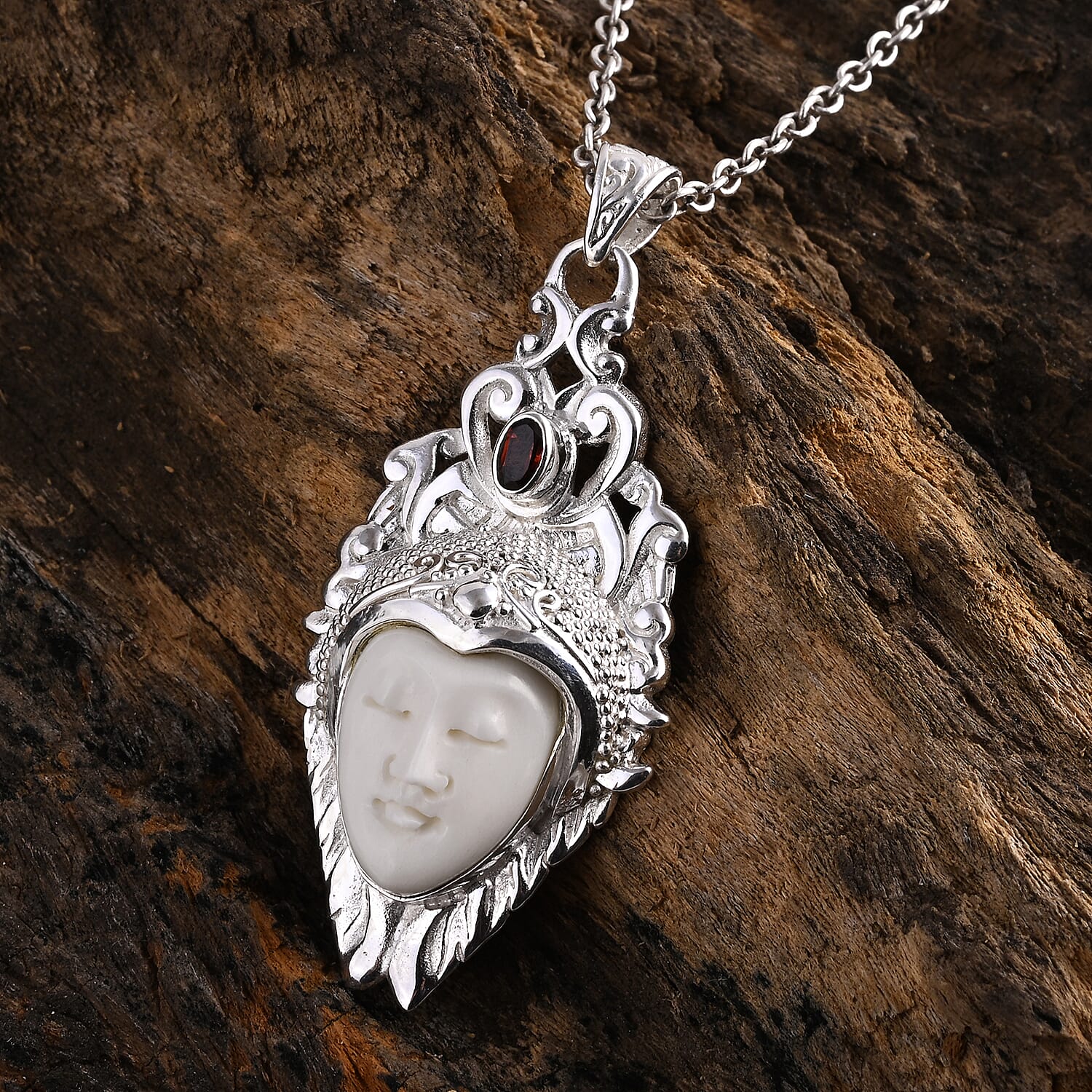 D'Joy Ox Bone, Red Garnet Pendant Sterling Silver, Silver Wt.10.75 Gms  6.180  Ct.