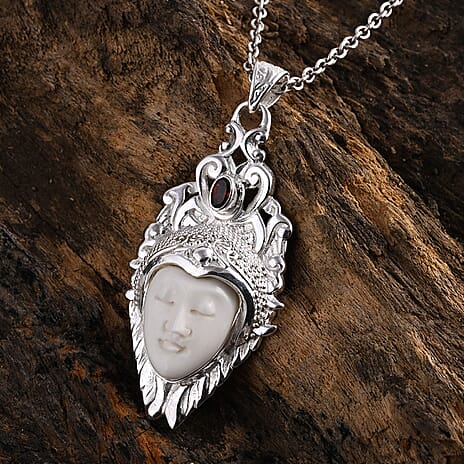 Royal Princess Bali Collection - Ox Bone & Red Garnet Pendant in Sterling Silver 6.18 Ct, Silver Wt. 11.31 Gms