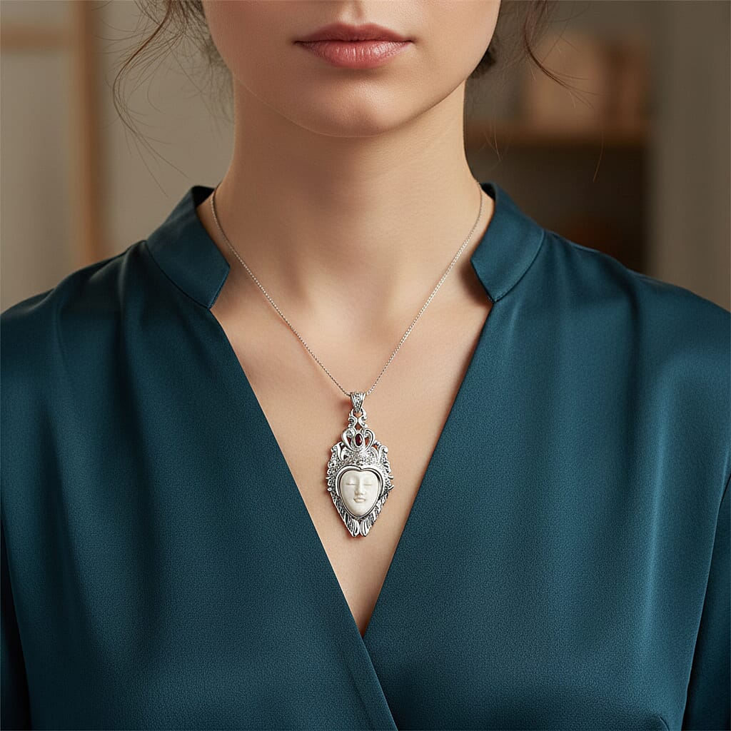 D'Joy Ox Bone, Red Garnet Pendant Sterling Silver, Silver Wt.10.75 Gms  6.180  Ct.