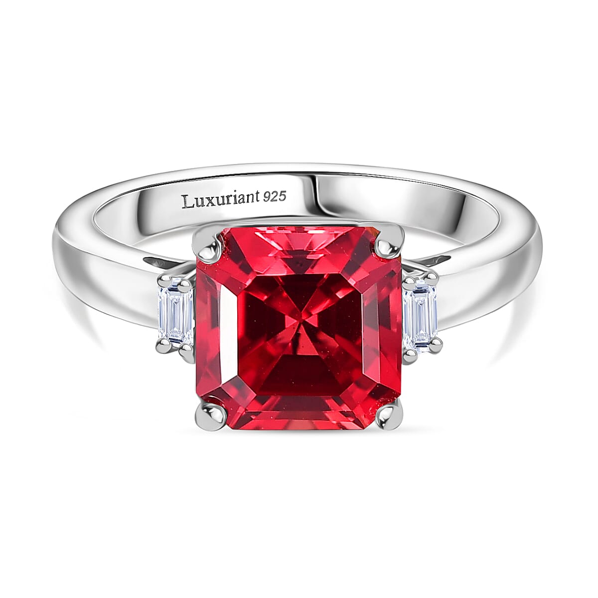 Luxuriant Lab Grown Padparadscha Sapphire & Lab Grown Diamond Ring in Rhodium Overlay Sterling Silver 5.17 Ct.