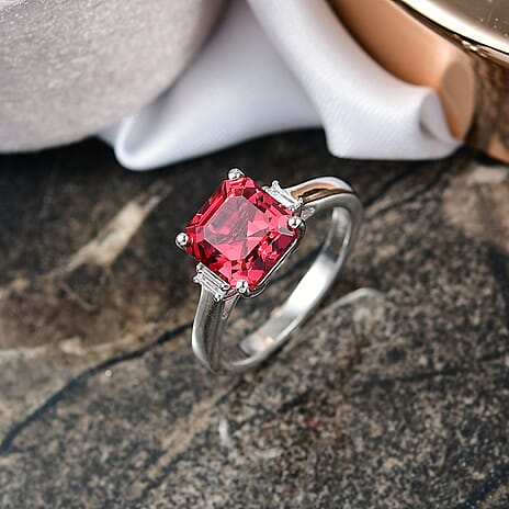 Luxuriant Lab Grown Padparadscha Sapphire & Lab Grown Diamond Ring in Rhodium Overlay Sterling Silver 5.17 Ct.