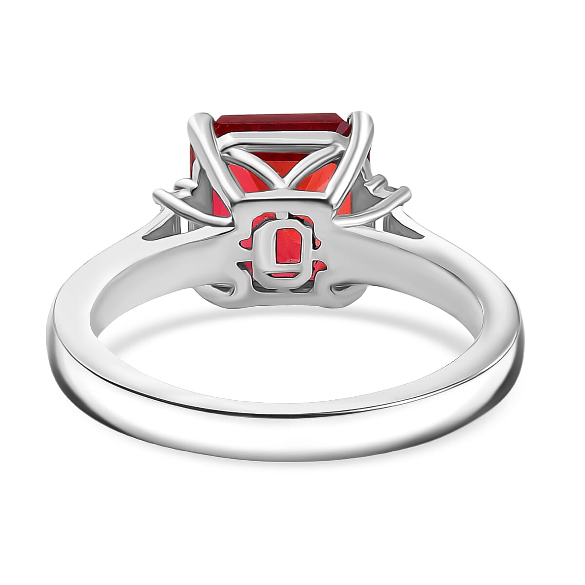 Luxuriant Lab Grown Padparadscha Sapphire & Lab Grown Diamond Ring in Rhodium Overlay Sterling Silver 5.17 Ct.