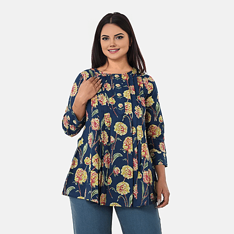 - Maisi Cotton Floral Print Tunic Top (Size XL, Fit 20 To 22) - Blue