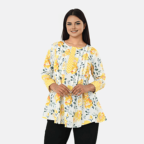 - Maisi Cotton Floral Print Tunic Top (Size S, Fit 8 To 10) - Yellow