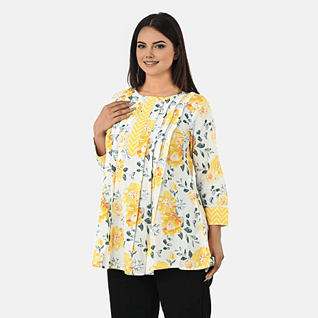 - Maisi Cotton Floral Print Tunic Top (Size S, Fit 8 To 10) - Yellow