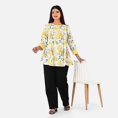 - Maisi Cotton Floral Print Tunic Top (Size S, Fit 8 To 10) - Yellow